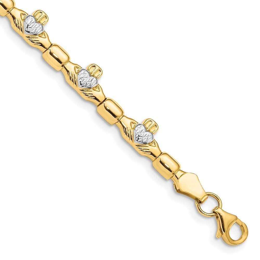 Kazi Luxury 14K w/ Rhodium D/C Claddagh Polished Link Bracelet